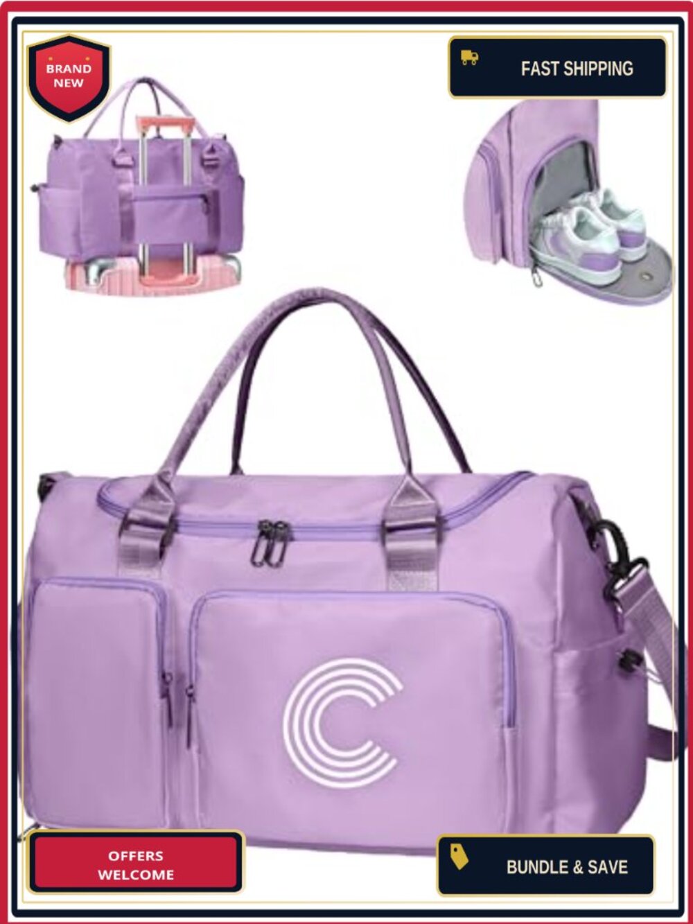 Travel Duffle Bag for Women Girls, Initial Sport Gym Bag, Overnight Weekender
